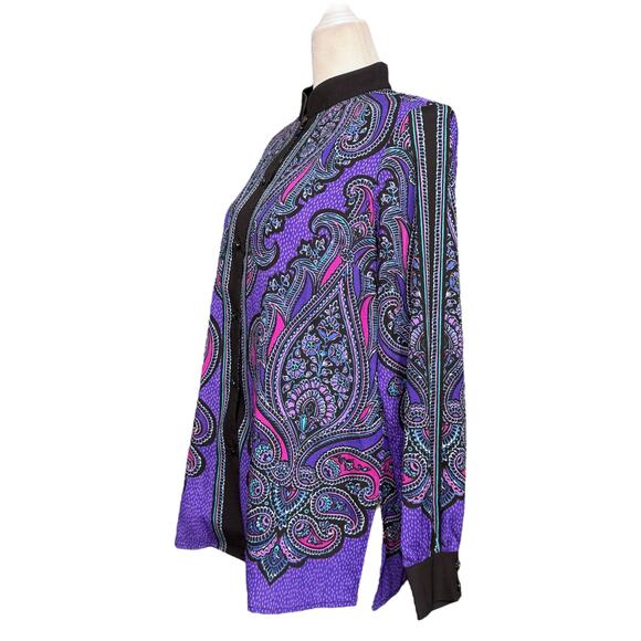 Bob Mackie Size S Long Sleeve Satin Paisley Blouse‎ Purple Eclectic Wearable Art - Picture 3 of 12